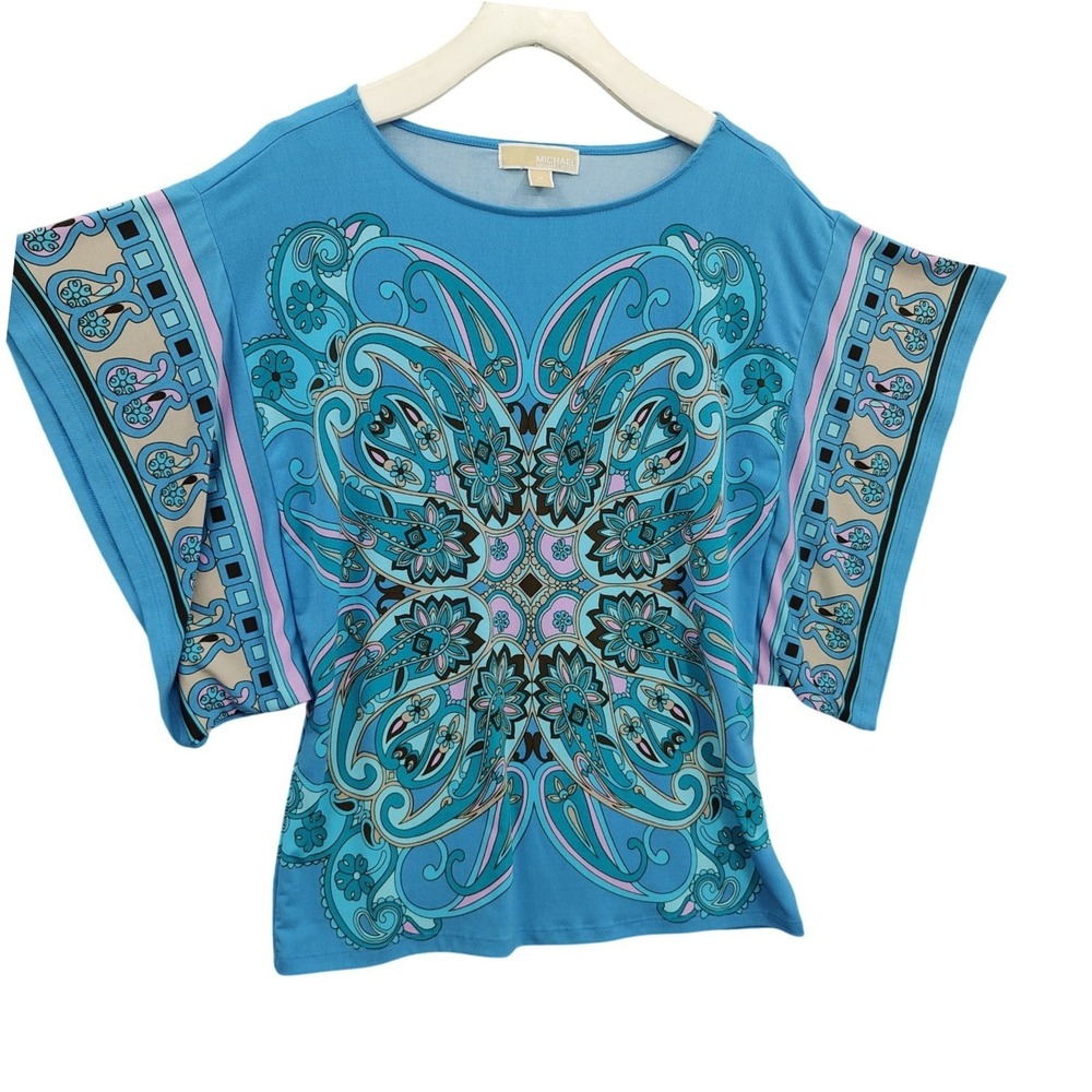 Michael Kors MMK Women Boho Y2K Paisley Dolman Sleeve Top M Blue Psychedelic